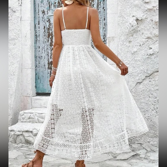 White Guipure Sheer Mesh Lace Tassel Cami Dress Boho - Picture 2 of 6